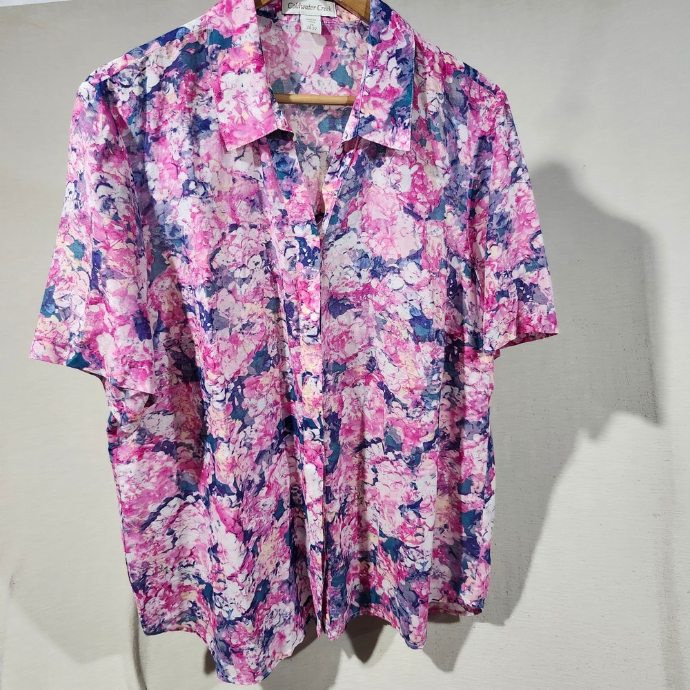Coldwater Creek Womens 2X Silk Cotton Floral Watercolor Button Down Blouse Pink